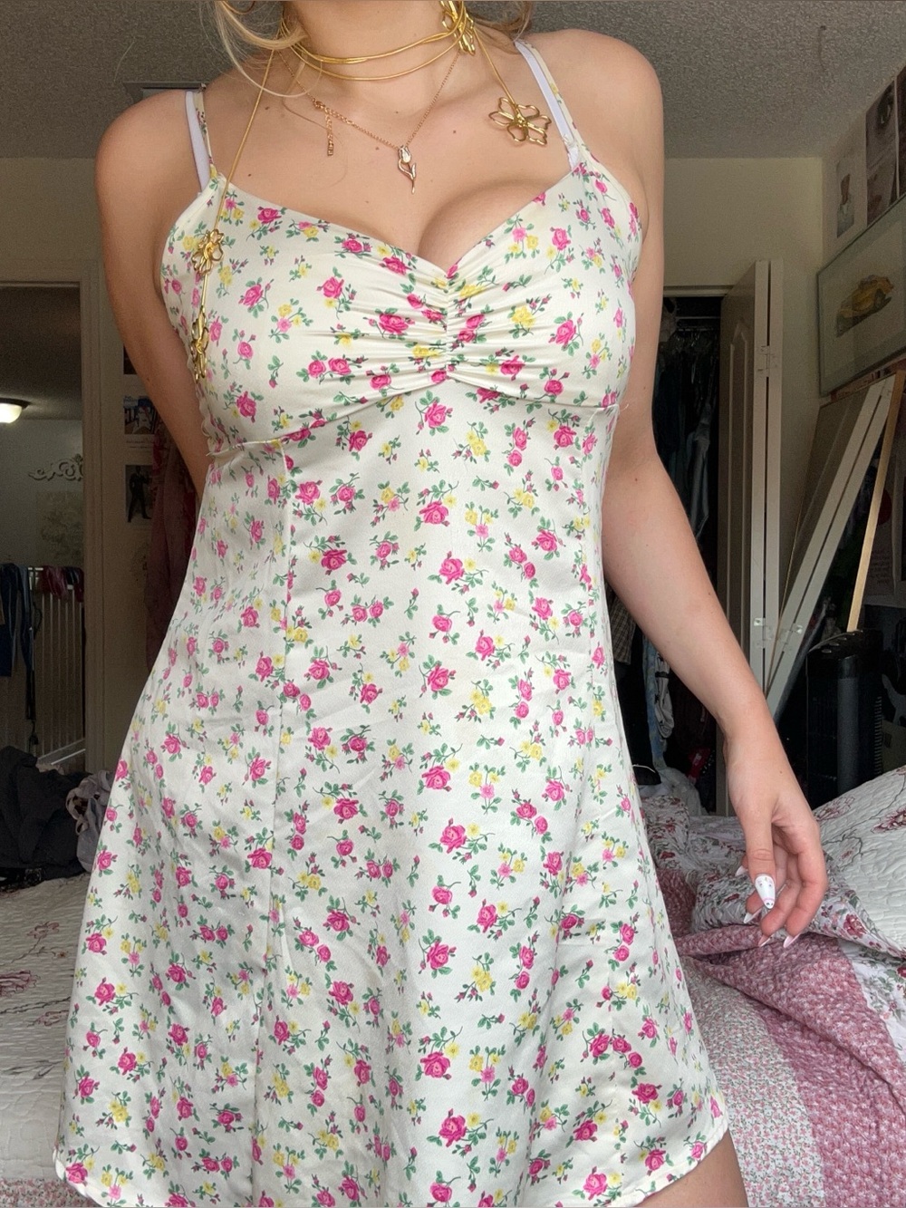Floral Dress in Cream with Pink Print